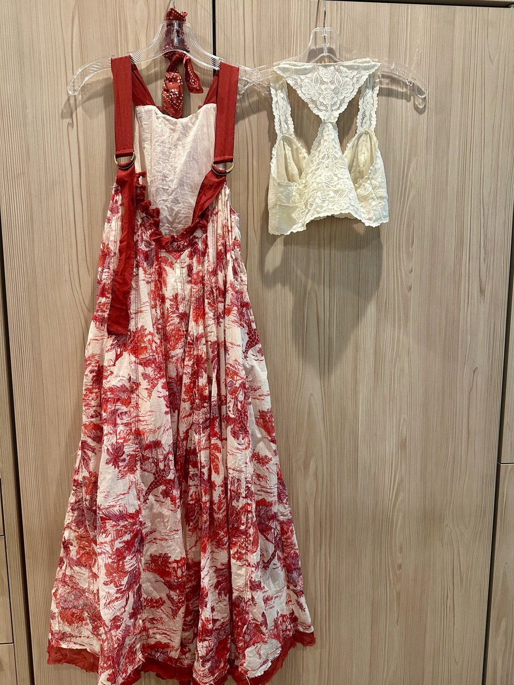 Free People Cream Maxi Dress XS Red Toile Print + Bralette + Matching Scrunchie - Picture 7 of 12